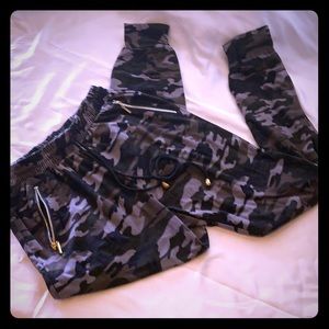 Black and grey camo jumpsuit style pants